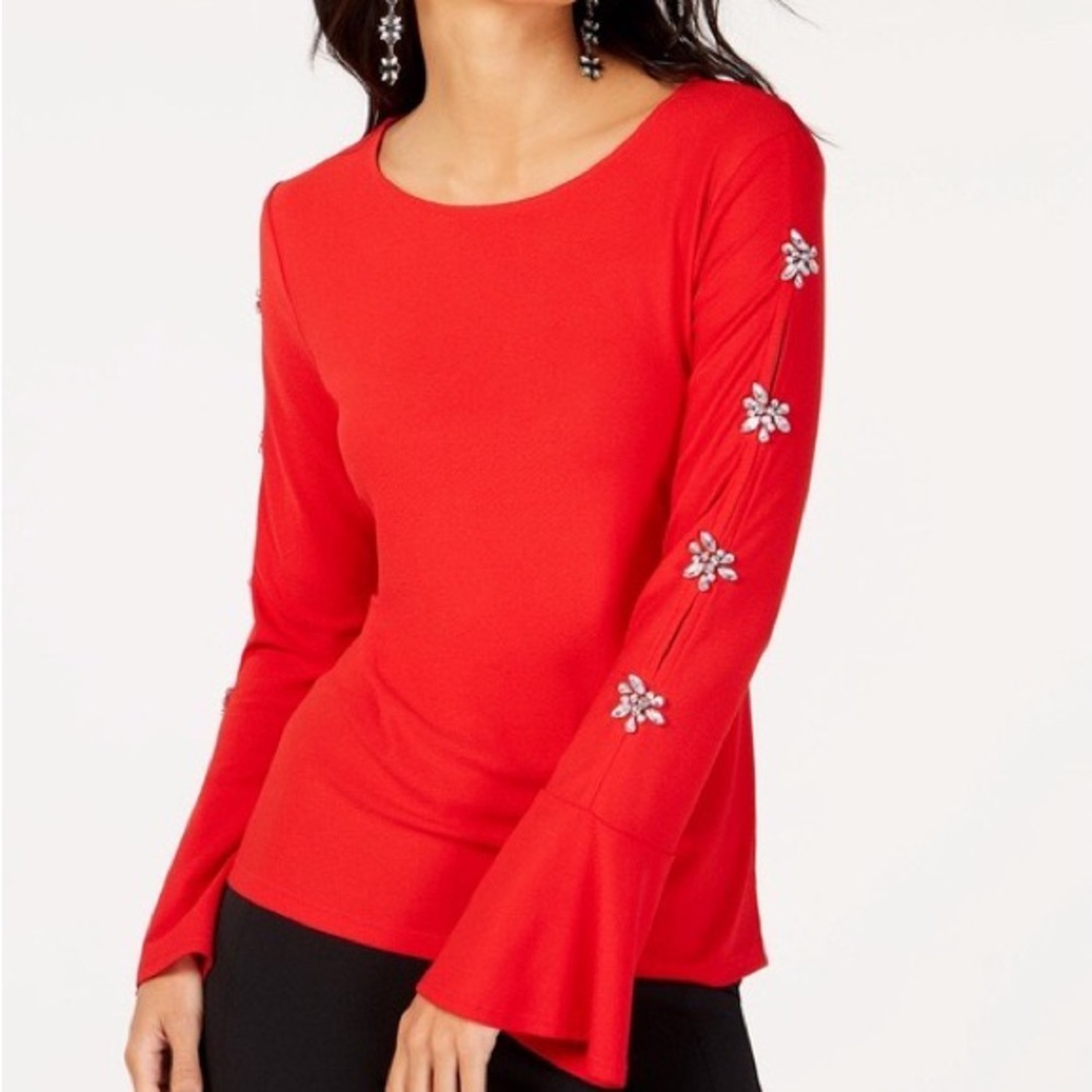 Plus INC Womens Red Rhinestone Cold Shoulder Cut Out Shirt